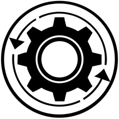 Gear symbol with circular arrows in black and white design  