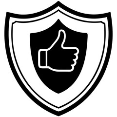 Shield symbol with thumbs up icon in black and white design  