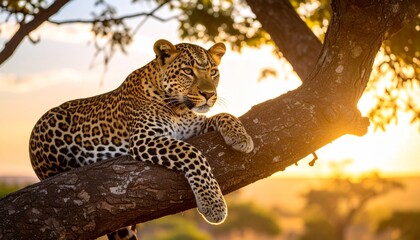 Leopard resting on a tree branch, basking in the warm glow of the setting sun, with a blurred savanna landscape in the background.