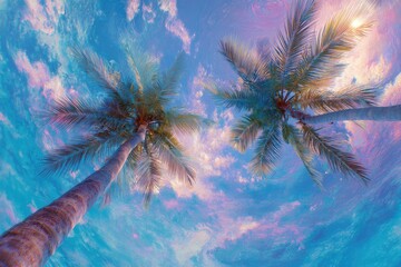 Tropical beach sunset, palm trees, vibrant sky, idyllic vacation scene