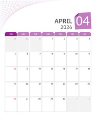 April 2026 Calendar. Week start on Sunday. Desk calendar 2026 design, simple and clean design, Wall calendar for print, digital calendar, Corporate design planner template vector.