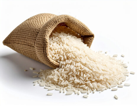 Small burlap sack tipped with white rice spilling out, rustic and isolated on white background.
