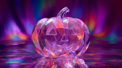 Shiny crystal halloween pumpkin with jack o lantern face stands on a reflective surface. Holiday decoration.