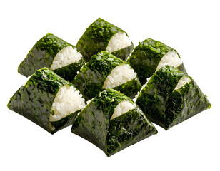 Sushi rice rolls (onigiri) wrapped in seaweed and arranged in square grid, viewed top-down.