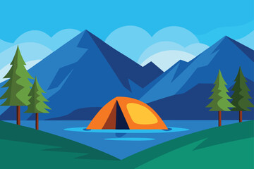 Tent pitched beside mountain lake
