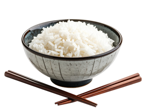 Traditional ceramic bowl filled with cooked white rice, served with chopsticks on white background.