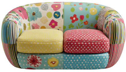 Whimsical Rounded Sofa with Mixed-Pattern Upholstery, Top-Angle View, Transparent Background.png