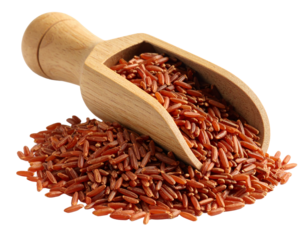 Bamboo scoop filled with red rice, studio lighting, isolated on white background. Traditional Asian grain concept.