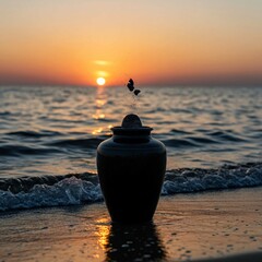 sunset at the sea, Woman stands on beach holding black ceramic urn with small plant. Serene beach scene with ocean waves, light blue sky. Peaceful memorial ritual with cremation ashes. Mourning, grief