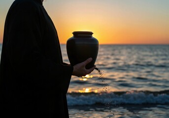 silhouette of a woman in a bathing suit, Woman stands on beach holding black ceramic urn with small plant. Serene beach scene with ocean waves, light blue sky. Peaceful memorial ritual with cremation 