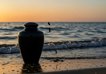 sunset on the sea, Woman stands on beach holding black ceramic urn with small plant. Serene beach scene with ocean waves, light blue sky. Peaceful memorial ritual with cremation ashes. Mourning, grief