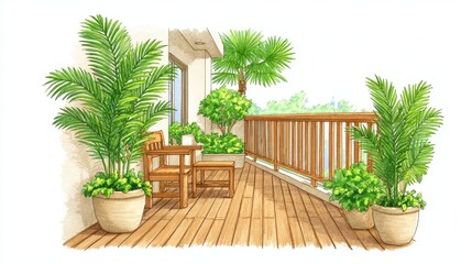 Fototapeta premium Serene Patio with Lush Greenery and Wooden Deck