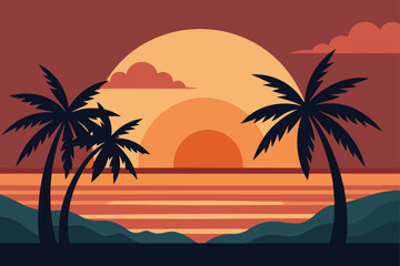 Obraz premium Flat tropical beach sunset with palms