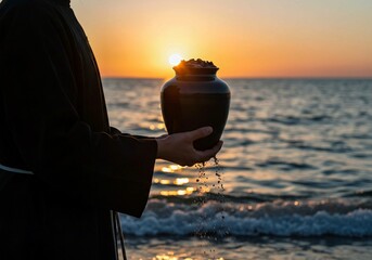 man holding a bottle of water, Woman stands on beach holding black ceramic urn with small plant. Serene beach scene with ocean waves, light blue sky. Peaceful memorial ritual with cremation ashes. Mou
