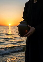 silhouette of a man in the sunset, Woman stands on beach holding black ceramic urn with small plant. Serene beach scene with ocean waves, light blue sky. Peaceful memorial ritual with cremation ashes.