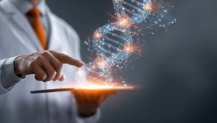 Scientist interacts with DNA graphic on tablet