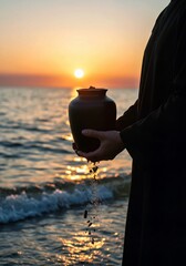 silhouette of a man in a boat, Woman stands on beach holding black ceramic urn with small plant. Serene beach scene with ocean waves, light blue sky. Peaceful memorial ritual with cremation ashes. Mou