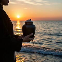 silhouette of a man sitting on a boat, Woman stands on beach holding black ceramic urn with small plant. Serene beach scene with ocean waves, light blue sky. Peaceful memorial ritual with cremation as