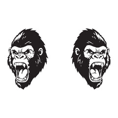  Angry Chimpanzee Head Black and White Illustration