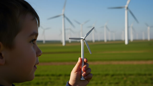  Profile of a child studying a wind turbine toy, concept of inspiration, curiosity, and renewable energy. - Powered by Adobe