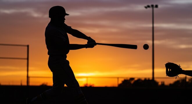 Silhouette of Baseball Player Swinging at Sunset