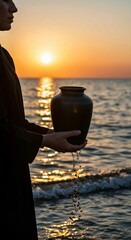 silhouette of a woman in a sunset, Woman stands on beach holding black ceramic urn with small plant. Serene beach scene with ocean waves, light blue sky. Peaceful memorial ritual with cremation ashes.