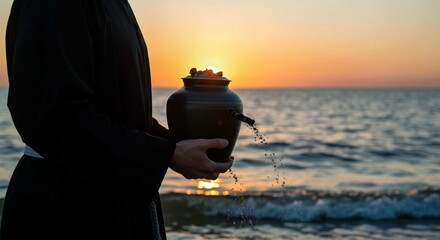 silhouette of a man in the sunset, Woman stands on beach holding black ceramic urn with small plant. Serene beach scene with ocean waves, light blue sky. Peaceful memorial ritual with cremation ashes.