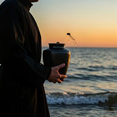 man with a bottle, Woman stands on beach holding black ceramic urn with small plant. Serene beach scene with ocean waves, light blue sky. Peaceful memorial ritual with cremation ashes. Mourning, grief
