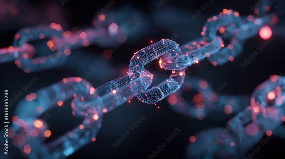 Poster blockchain technology with wireframe chain links on a dark background
