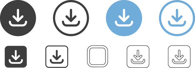 Flat vector illustration of various download icons with arrow and tray symbol in circle and square styles, filled and outlined