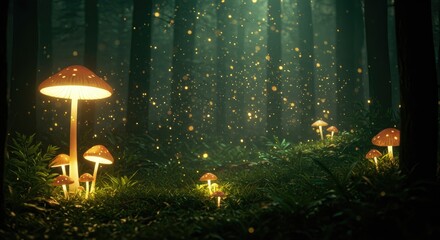 Illuminated mushrooms in a mystical forest