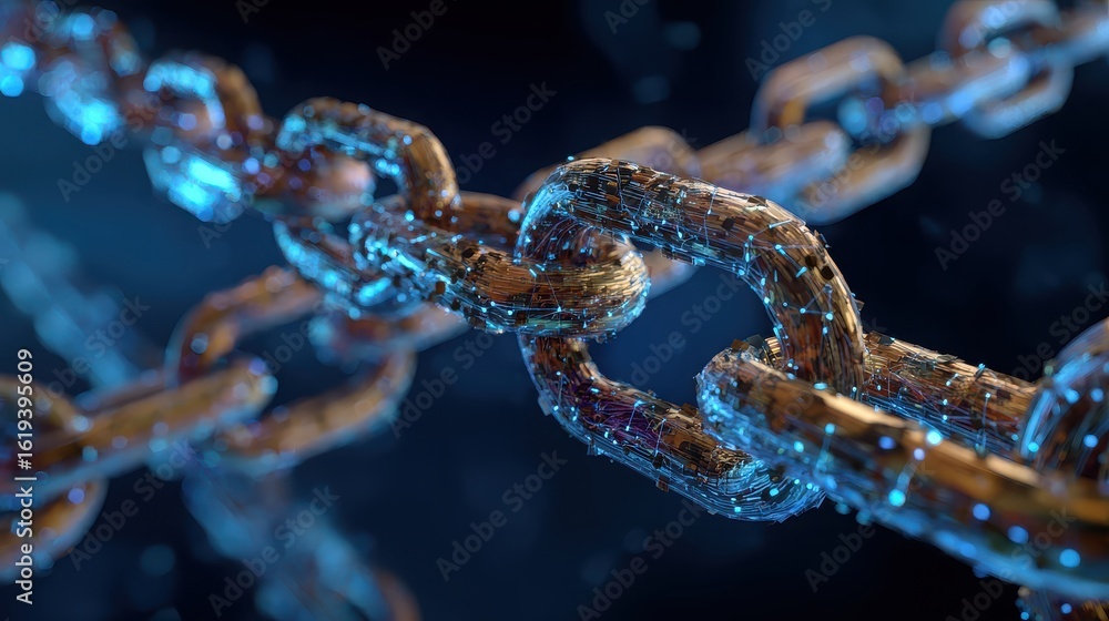 Poster glowing digital chain links on dark blue, representing blockchain technology