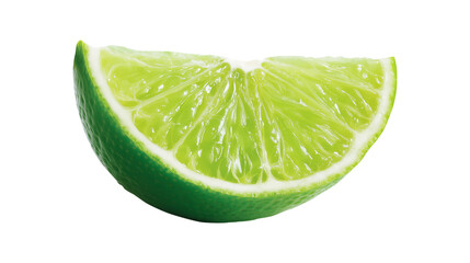 A fresh juicy green lime wedge or slice isolated on a white background
