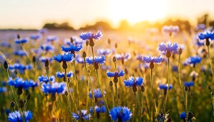 Sunlit field of blue wildflowers at sunset