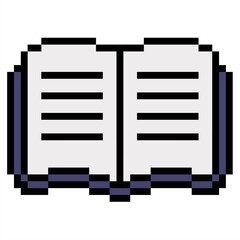 Pixel opened book vector representing knowledge, learning, and storytelling in a classic digital art style. Ideal for illustrating education, reading, and digital content.