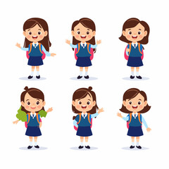 A vector character set of a cute elementary school girl in a blue uniform with a backpack, shown in various happy poses and hairstyles.