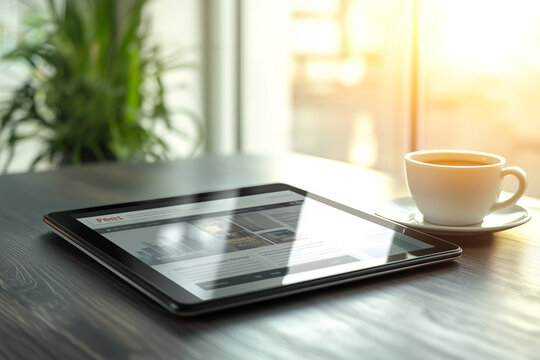 Digital tablet displaying morning news feed placed next to a coffee cup on a modern working table. Concept of technology, information consumption, routine, work and digital lifestyle.