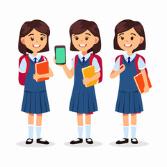 Vector illustrations of a cheerful schoolgirl character in uniform holding books and a smartphone, representing education, youth, and modern student learning.