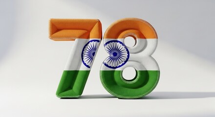 3D number 78 with Indian flag design and fabric texture for a national anniversary