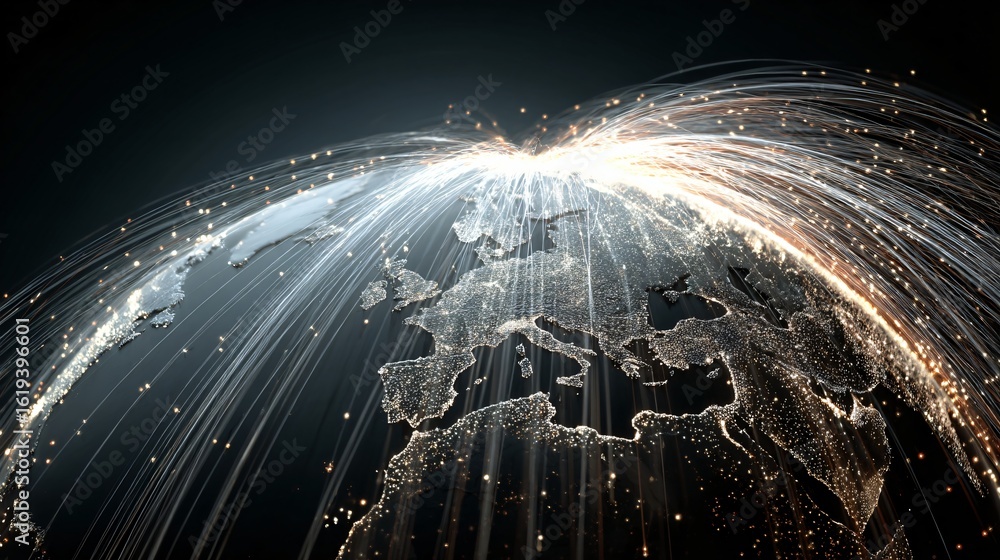 Poster a stylized digital globe emits glowing data streams connecting continents, showcasing global connect