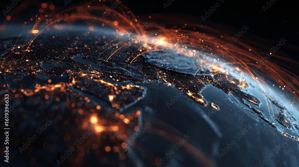 Poster digital globe radiating glowing network connections across continents, representing global connectiv