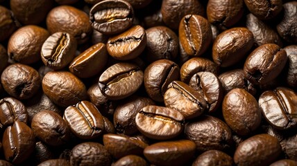 Close-up image of roasted coffee beans showcasing rich texture and deep brown tones, perfect for food, beverage