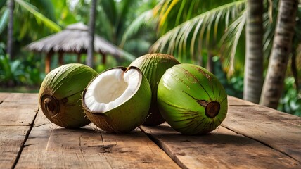 Whole green coconuts placed on a rustic wooden surface in natural light, evoking tropical freshness and healthy lifestyle