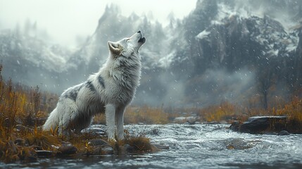 Lone wolf howling by a flowing river in a rugged mountain valley
