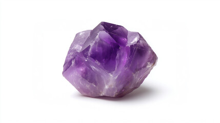 A raw natural amethyst crystal, a semi-precious purple quartz mineral isolated on white