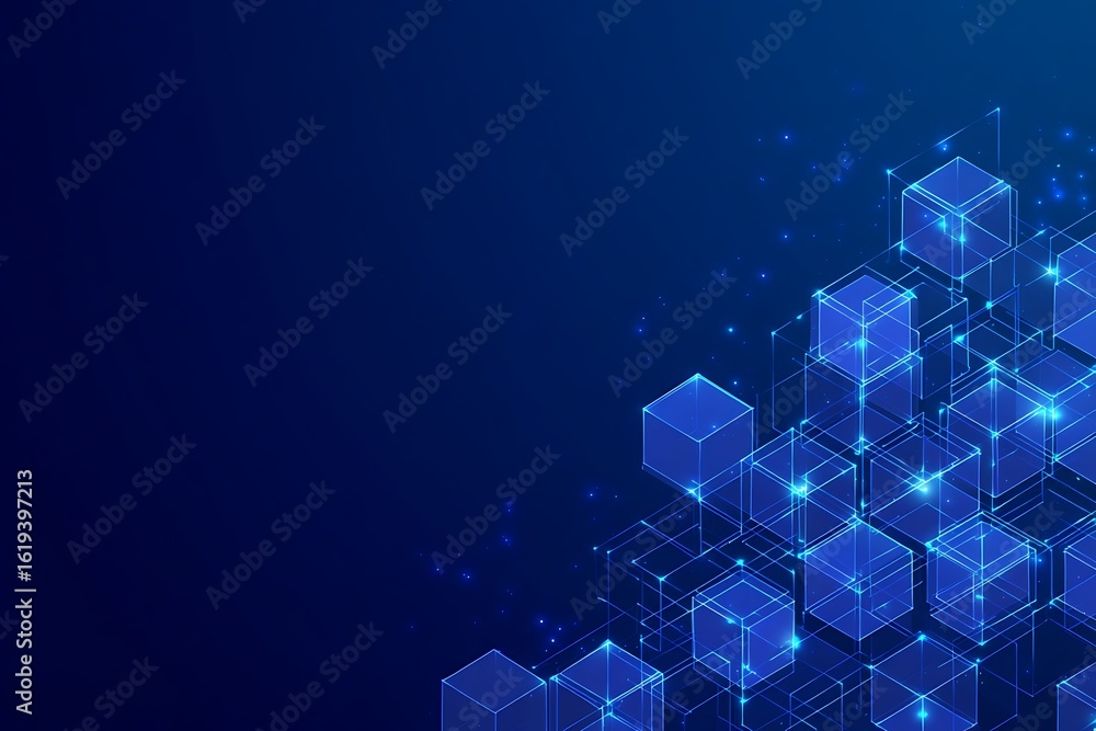 Poster visualizing abstract geometric shapes with a digital network structure and glowing blue particle eff