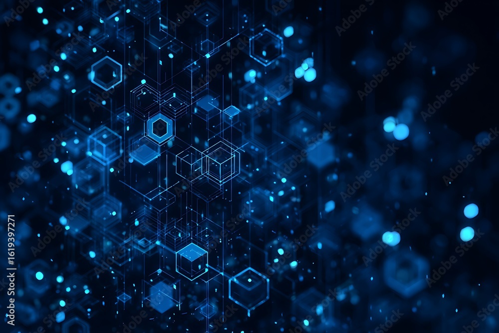 Poster an abstract digital visualization of interconnected geometric shapes and glowing particles represent