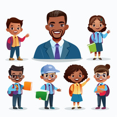A diverse character set for education, featuring a male teacher and happy elementary school students. Vector illustration collection.
