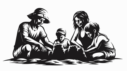Obraz premium Family of four building a sandcastle together on the beach with a hat and happy expressions shown silhouette