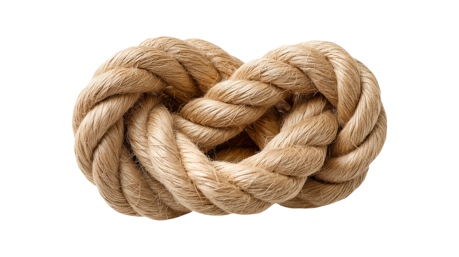 Thick rustic rope tied in a figure eight or infinity knot, isolated on a transparent background